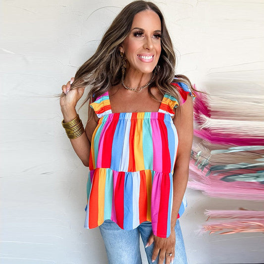 Solenne Striped Square-Neck Top